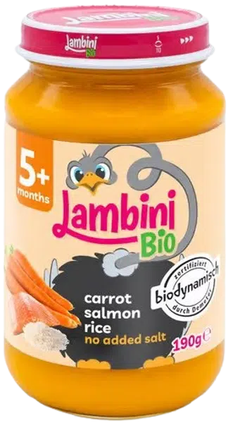 LAMBINI BIO Demeter příkrm mrkev, rýže a losos 190 g