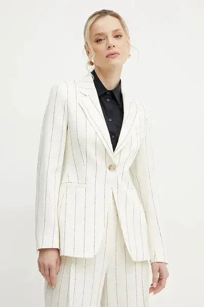 Plátěné sako BOSS béžová barva, jednořadá, vzorovaná, 50537464