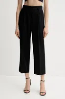 Lněné kalhoty Sisley dámské, černá barva, široké, high waist, 4AGHLF06R