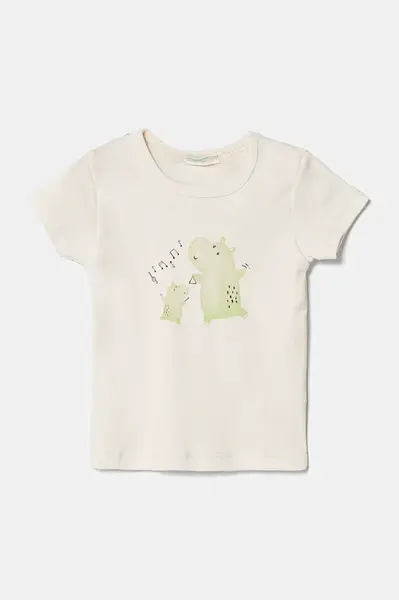 Bavlněné dětské tričko United Colors of Benetton béžová barva, s potiskem, 3I9WA1065