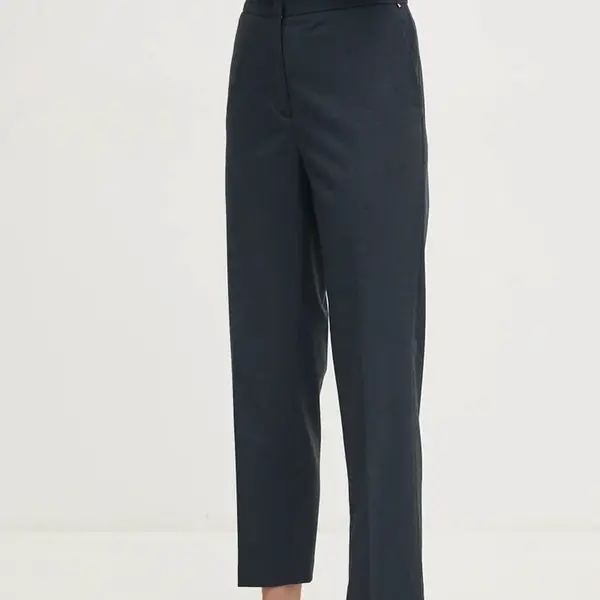 Kalhoty Tommy Hilfiger dámské, tmavomodrá barva, jednoduché, high waist, WW0WW42951