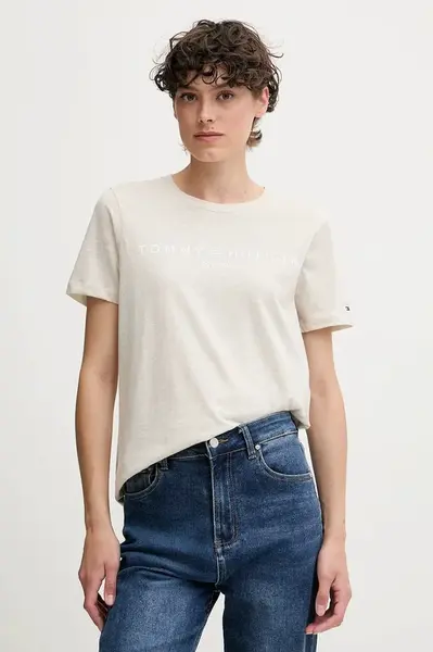 Bavlněné tričko Tommy Hilfiger dámské, béžová barva, WW0WW40276