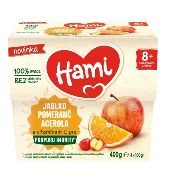 Hami 100% ovoce Jablko pomeranč a acerola 8m+ 4x100 g