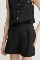 Lněné kraťasy Gaudi dámské, černá barva, hladké, high waist, 511BD25038