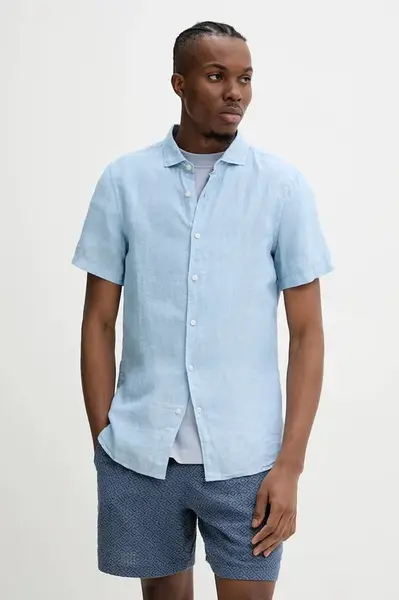 Lněná košile Superdry pánská, modrá barva, regular, s italským límcem, M4010937A-F5P