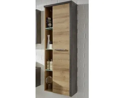 Kúpelňová vysoká skrinka Bay, dub/tmavosivý betón%