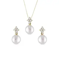 Elegantní set diamantových šperků s perlami ve žlutém zlatě KLENOTA