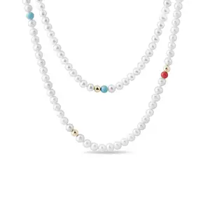 Dlouhý perlový náhrdelník s tyrkysem a korálem KLENOTA