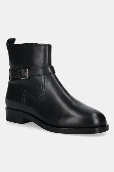 Kožené kotníkové boty Tommy Hilfiger TH BUCKLE RIDING LEATHER BOOTIE dámské, černá barva, na plochém podpatku, FW0FW08781