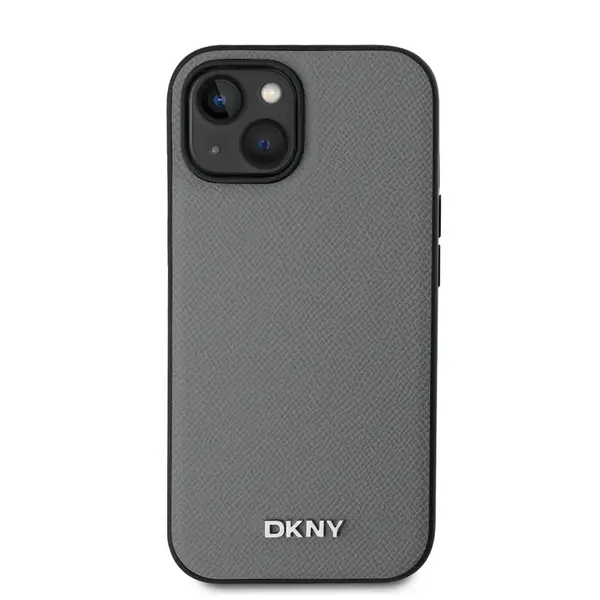 Zadní kryt DKNY PU Leather Silver Metal Logo Magsafe pro Apple iPhone 15, šedá
