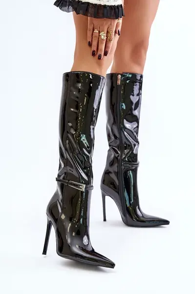 Patent Leather Insulated Stiletto Heel Boots with Buckle Black Tameliae