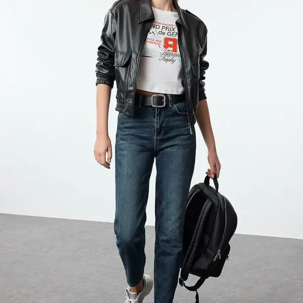 Trendyol Dark Blue High Waist Slim Mom Jeans