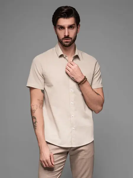Ombre Men's short-sleeved linen-cotton shirt with pocket - beige