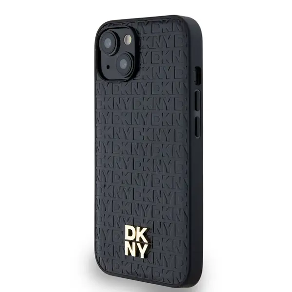 Zadní kryt DKNY PU Leather Repeat Pattern Stack Logo Magsafe pro Apple iPhone 15, černá