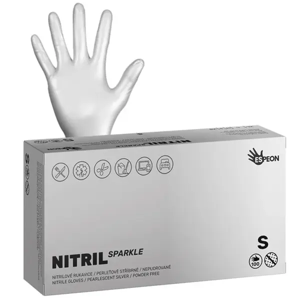 Nitrilové rukavice Espeon Nitril Sparkle - 100 ks, perleťové stříbrné, velikost S (100173) + dárek zdarma