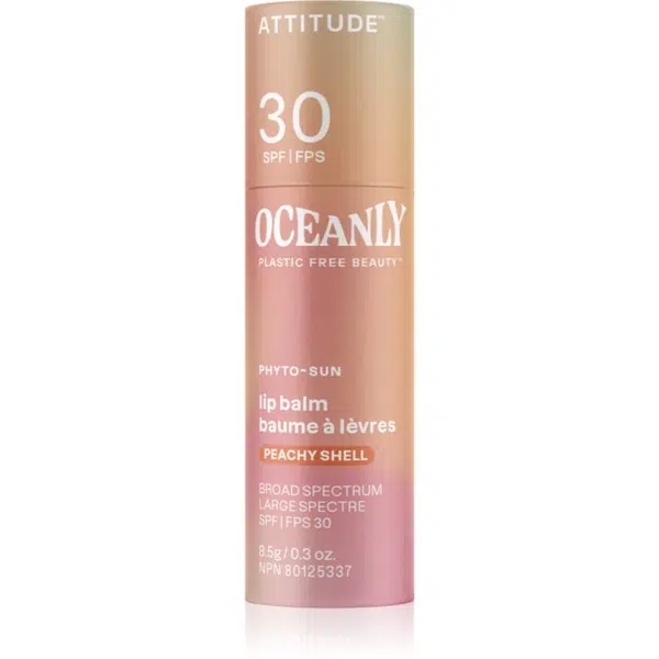 Attitude Oceanly Plastic Free Beauty tónujúci balzam na pery SPF 30 odtieň Peachy Shell 8.5 g