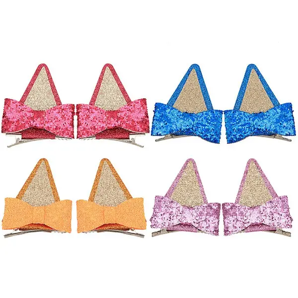 4 Pairs 4 Colors Glitter Bowknot Cat Ear Cloth Alligator Hair Clips