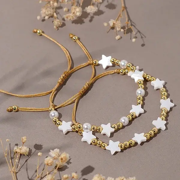 2Pcs Brass Round Beades Braided Bead Bracelets for Women