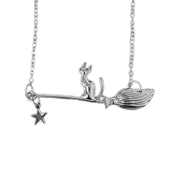 Halloween Alloy White Cat with Broom Pendant Necklaces for Women