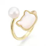 Brass & Natural Pearls Adjustable Open Cuff Rings for Women