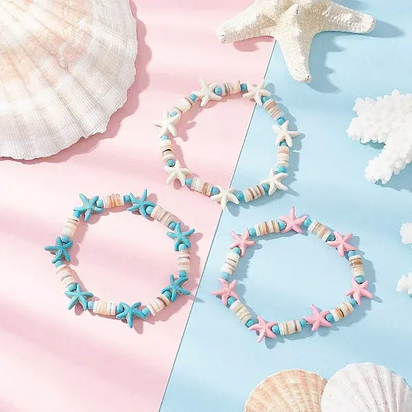 3Pcs Synthetic Turquoise & Natural Freshwater Shell Beads Stretch Bracelets for Women