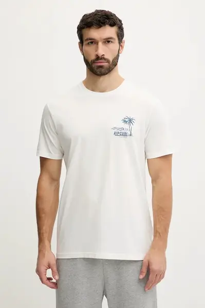 Bavlněné tričko Rip Curl pánské, béžová barva, s potiskem, 0TYMTE