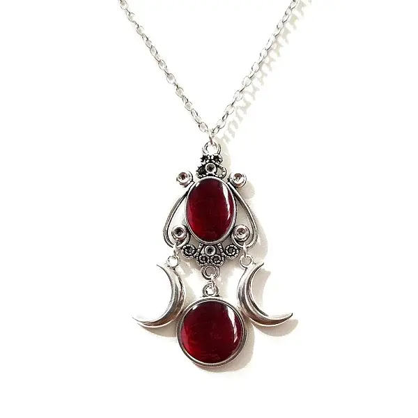 Gothic Triple Moon Goddess Glass Pendant Necklace