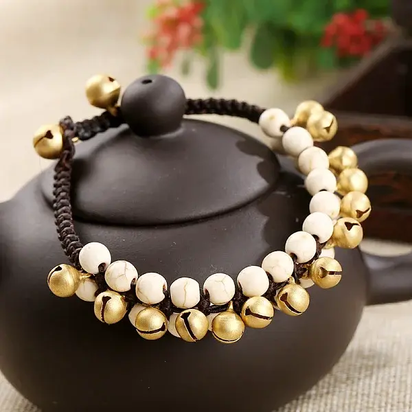 Bohemian Style Synthetic Turquoise Round Beaded & Brass Bell Charm & Wax Cord Braided Bead Bracelets