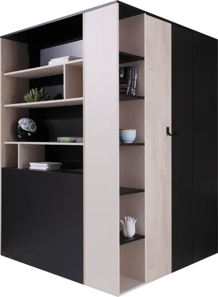 Rohová šatní skříň Planet PL1 Barva korpusu: Černá/Dub/Béžová