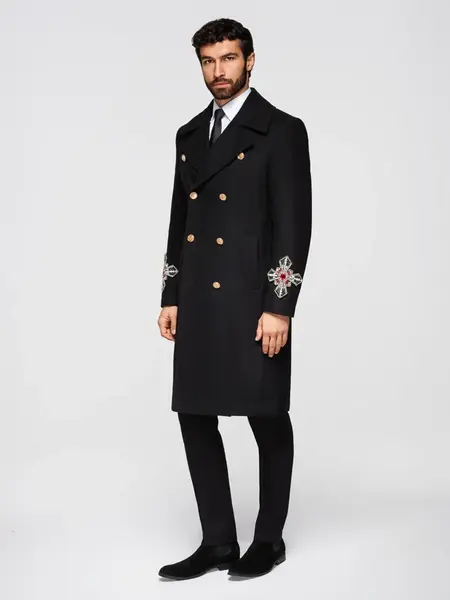 Ombre Men's double-breasted coat with wool and bead appliqués on sleeves - black