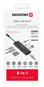 Swissten USB-C hub 8-in1 100W (USB-C, HDMI 4K, LAN RJ45, 2x USB-A, 1x USB-C, microSD / SD) Aluminium