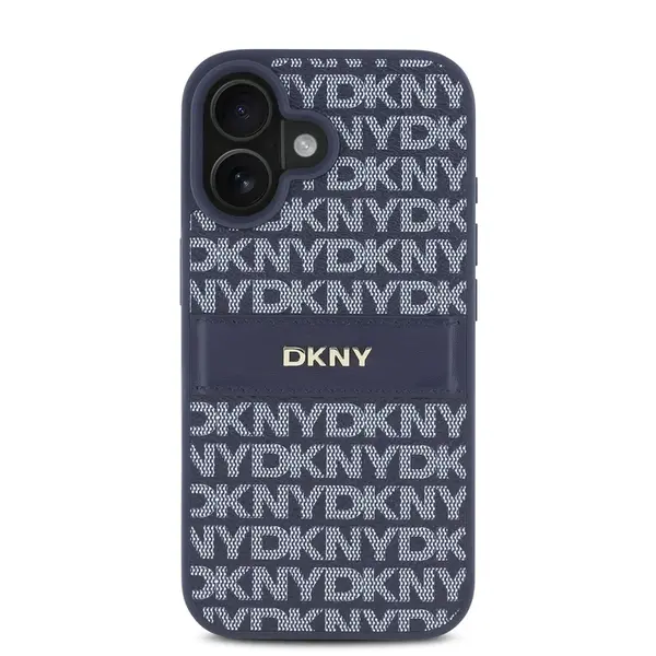 Zadní kryt DKNY PU Leather Repeat Pattern Tonal Stripe pro Apple iPhone 16, modrá