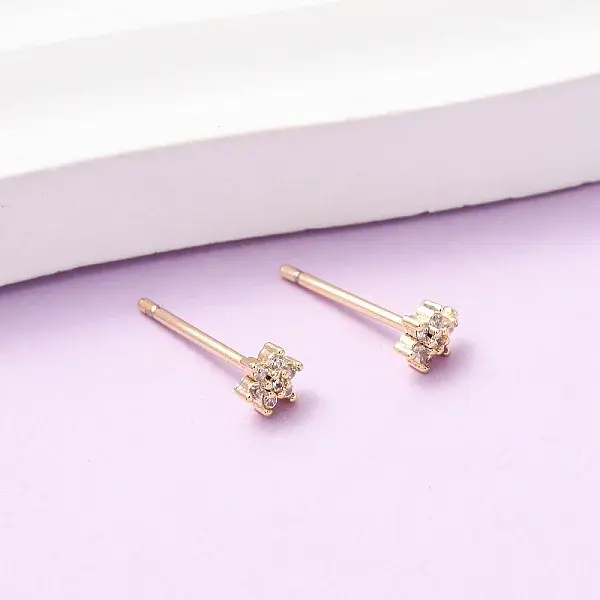 Brass Micro Pave Clear Cubic Zirconia Snowflake Stud Earrings