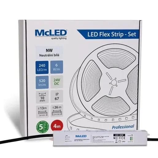 McLED LED páska - sada 4 m, 240 LED/m, NW, 6 W/m, DC 24V, 520 lm/m, CRI90, IP67, 10 mm, vodič 3 m ML-126.033.90.S04001