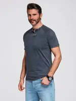 Ombre Men's t-shirt with wash effect and buttons at neckline - navy blue