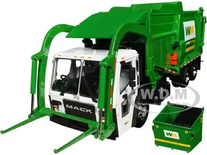 Mack LR "Waste Management" Refuse Garbage Truck with McNeilus Meridian Front Loader White and Green with Trash Bin 1/34 Diecast Model by First Gear