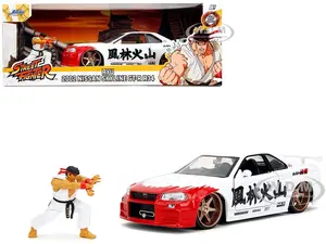 2002 Nissan Skyline GT-R (R34) RHD (Right Hand Drive) White with Red Graphics and Ryu Diecast Figure "Street Fighter" Video Game "Anime Hollywood Rid