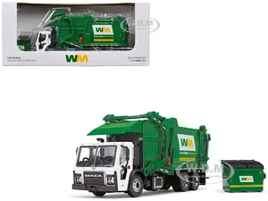 Mack LR Garbage Truck with McNeilus Meridian Front Load Refuse Body White and Green with Refuse Bin "Waste Management" 1/64 Diecast Model by First Ge