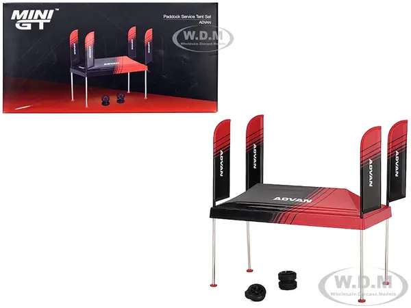 Paddock Service Tent Set with Extra Wheels Red and Black "ADVAN" for 1/64 Scale Models by Mini GT
