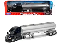Freightliner Cascadia Truck Black with Silver Tanker Trailer "Transporter" Series 1/32 Diecast Model by Welly