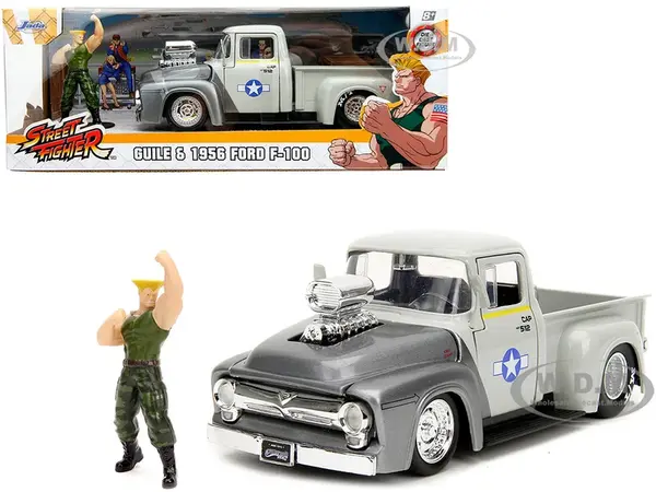 1956 Ford F-100 Pickup Truck Tan and Gray Metallic and Guile Diecast Figure "Street Fighter" Video Game "Anime Hollywood Rides" Series 1/24 Diecast M