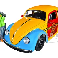 1959 Volkswagen Beetle Taxi Yellow and Blue "Oscars Taxi Service" and Oscar the Grouch Diecast Figure "Sesame Street" "Hollywood Rides" Series 1/24 D