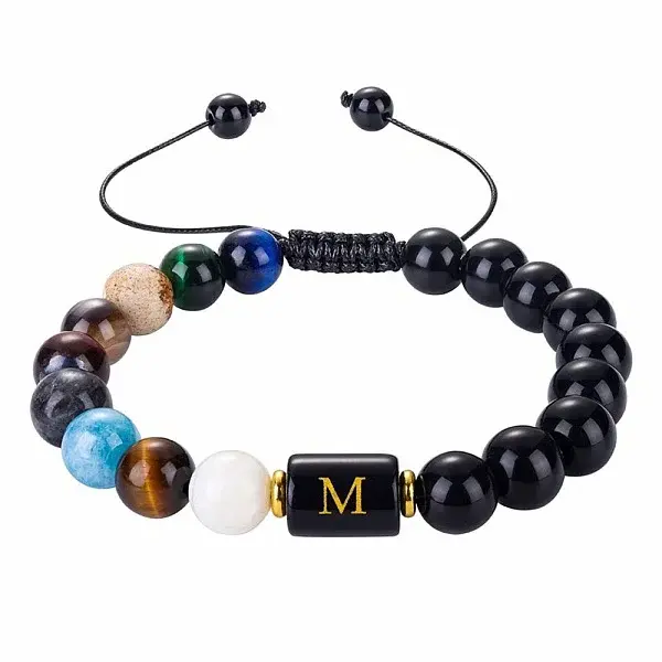 10MM Natural Black Obsidian Alphabet Beaded Braided Bracelets