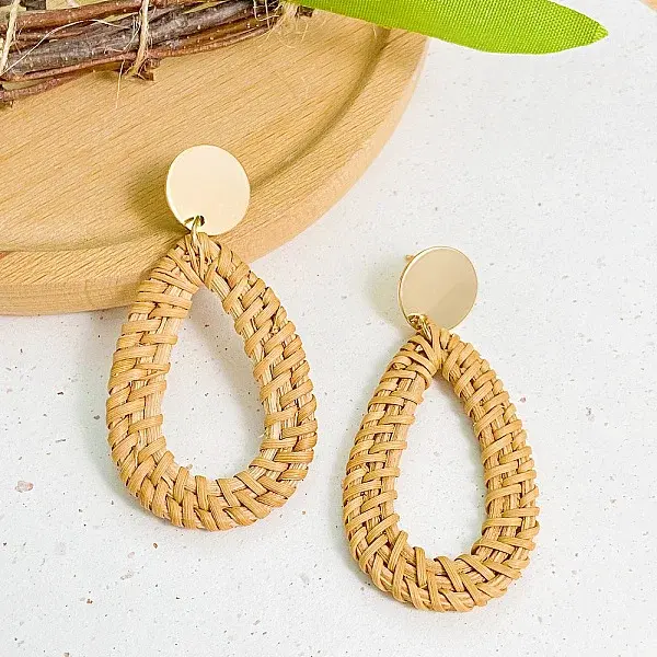 Woven Teardrop Alloy Raffia Stud Dangle Earrings
