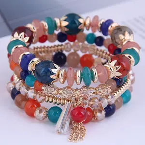 4Pcs 4 Styles Bohemian Style Alloy Glass Round Beaded Stretch Bracelets