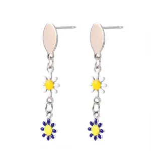 Flower Enamel Long Dangle Stud Earrings