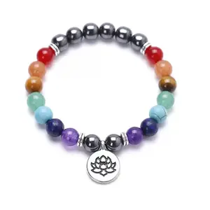 Alloy Lotus Flower Charm Chakra Round Gemstone Beaded Stretch Bracelets