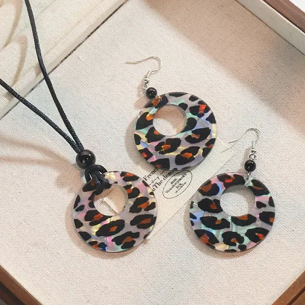 Leopard Print Pattern Round Acrylic Pendant Necklaces and Dangle Earrings Sets