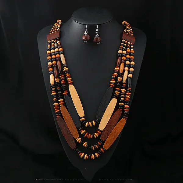 Bohemian Style Wood Beaded Multilayer Necklaces & Dangle Earrings Sets