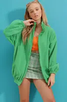 Trend Alaçatı Stili Dámská zelená mikina se stojáčkem na zip
